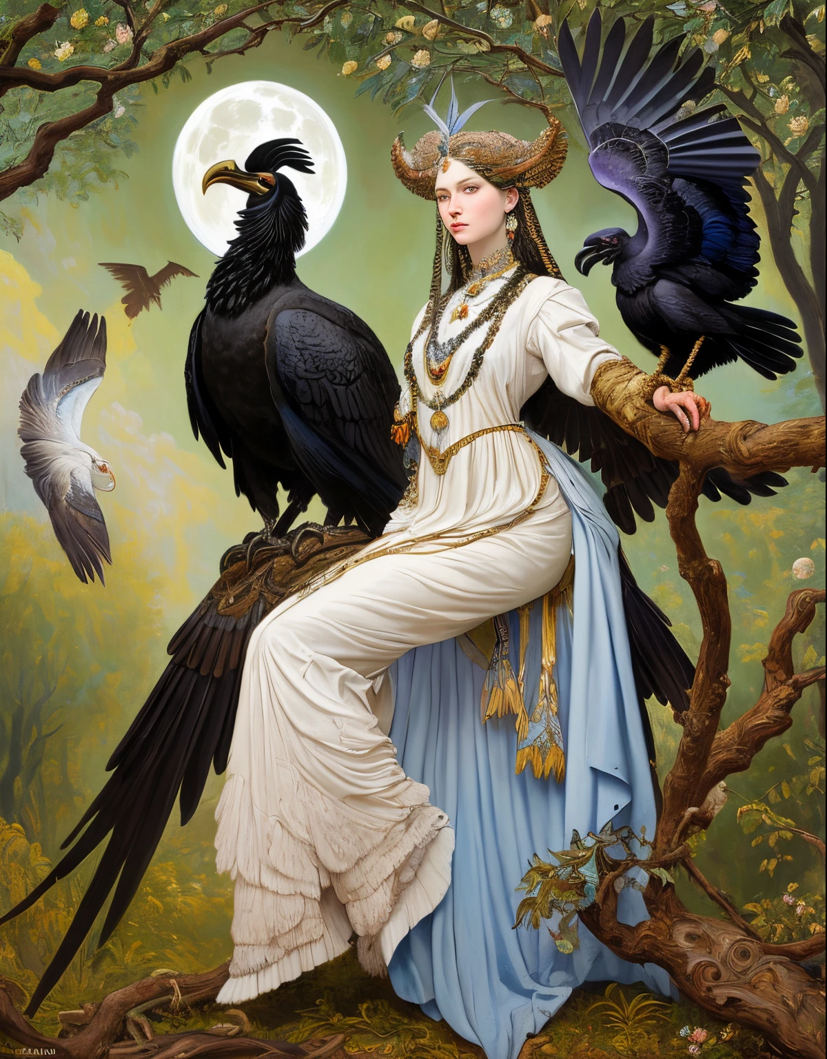 painting of a woman with a large bird on a branch, oil painting of princess vulvine, kramskoi 4 k, kramskoi, inspired by Ivan Kramskoi, harpy woman, portrait of a norse moon goddess, inspired by Viktor Vasnetsov, fantasy victorian art, raven winged female vampire, inspired by Konstantin Makovsky, slavic mythology