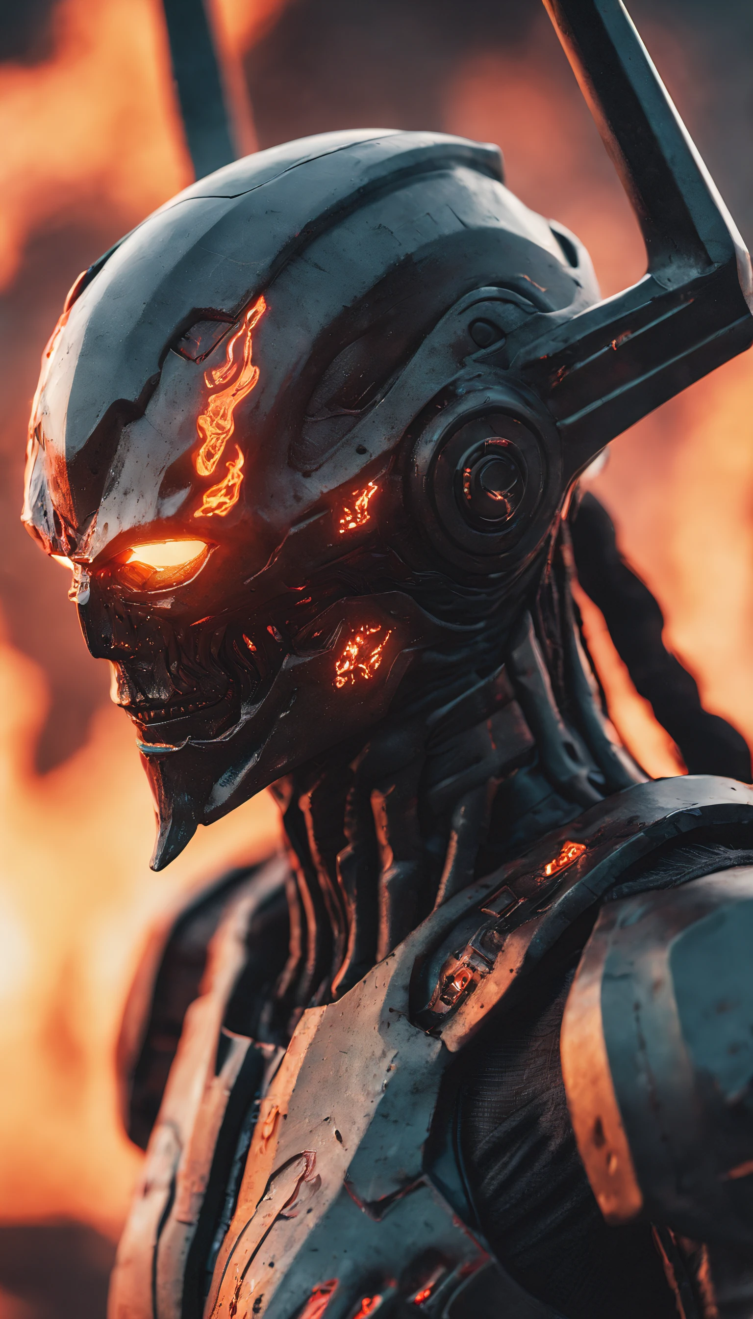 cinematic photo breathtaking biomechanical cyberpunk 1demon, fullbody,bulky creature, extremely futuristic diablo helmet with leds, fire lake, in the hell, hellfire, hell background, dying bodies sunk in the lake of lava and fire. souls agonizating in the lake of fire. 1 diablo lord, ((bulky)). [SK_Cyberpunk:0.25], . cybernetics, human-machine fusion, dystopian, organic meets artificial, dark, intricate, highly detailed . award-winning, professional, highly detailed . 35mm photograph, film, bokeh, professional, 4k, highly detailed