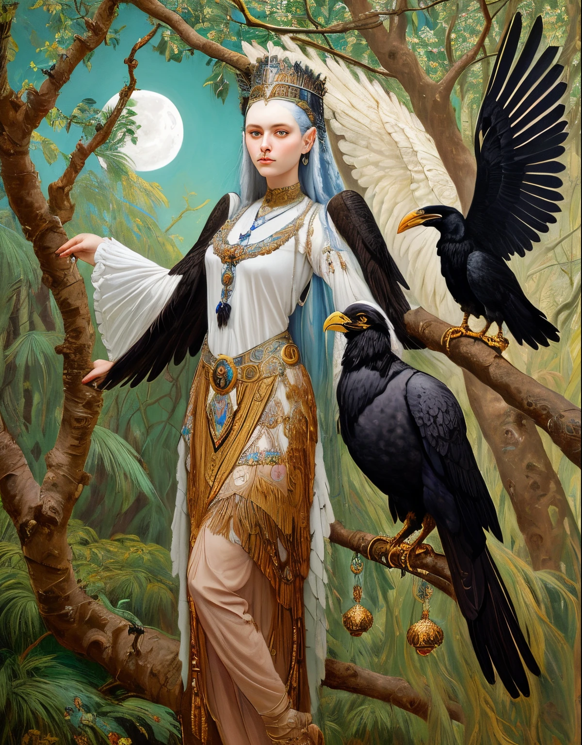 painting of a woman with a large bird on a branch, oil painting of princess vulvine, kramskoi 4 k, kramskoi, inspired by Ivan Kramskoi, harpy woman, portrait of a norse moon goddess, inspired by Viktor Vasnetsov, fantasy victorian art, raven winged female vampire, inspired by Konstantin Makovsky, slavic mythology