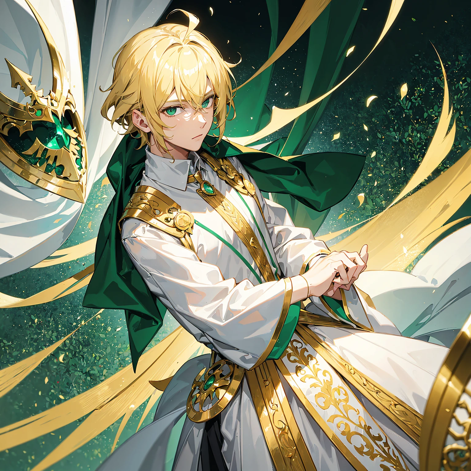 1 man,handsome,blonde hair,emerald green eyes,half hi face covered by a golden mask,wearing white robes