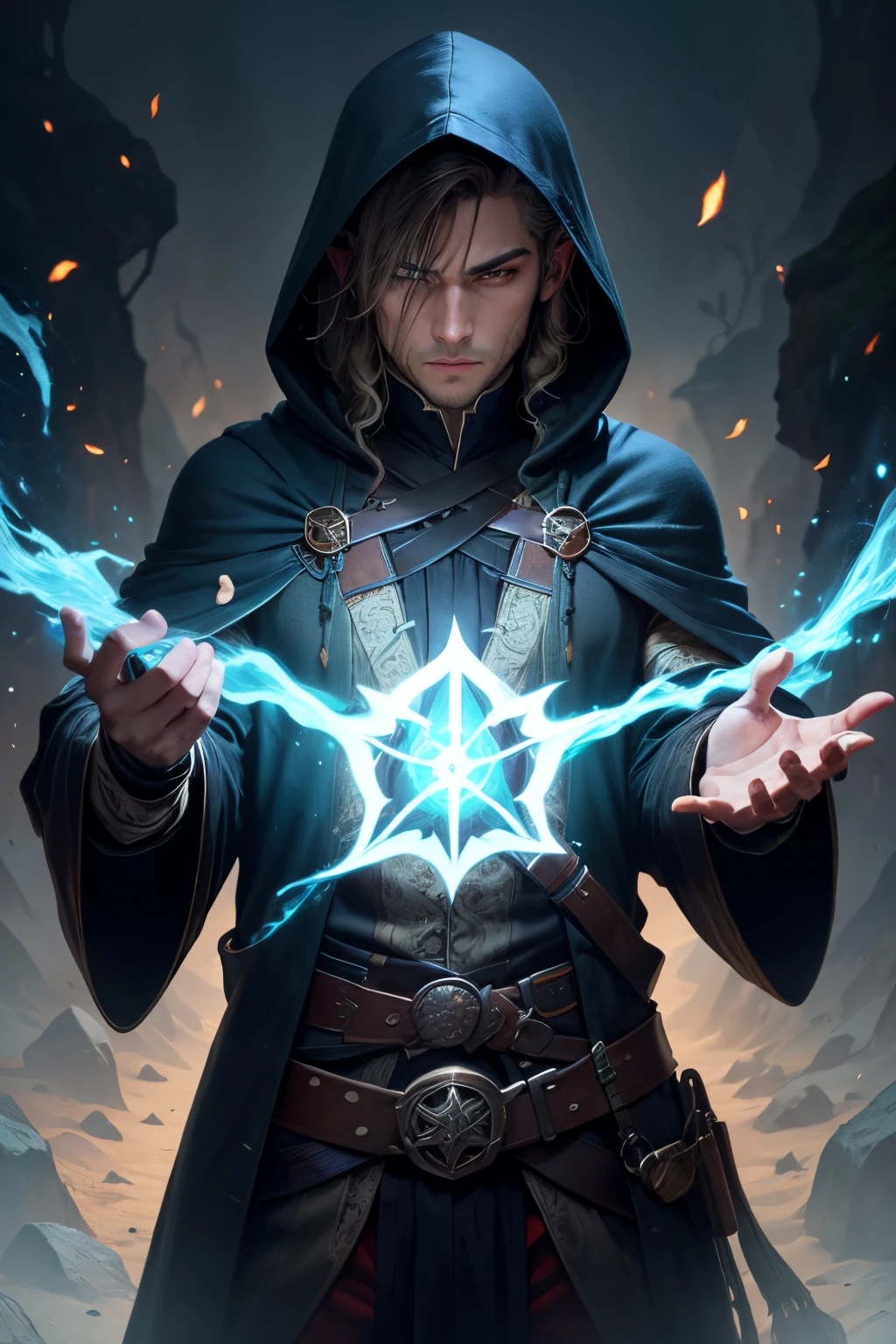 man mysterious elf assassin arcane trickster rogue dark robe hooded, black short hair, casting a magic spell