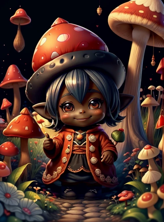 (cute black baby girl gnome with smiling in red with a beautiful mushroom and flowers) Munchkin ,Geometric multidimensional wall portrait, livro de arte, Tchibi,
Yang08k, Beautiful, Colouring,
Obras, of the highest quality, best quality, Arte Oficial, Beautiful and Aesthetic,