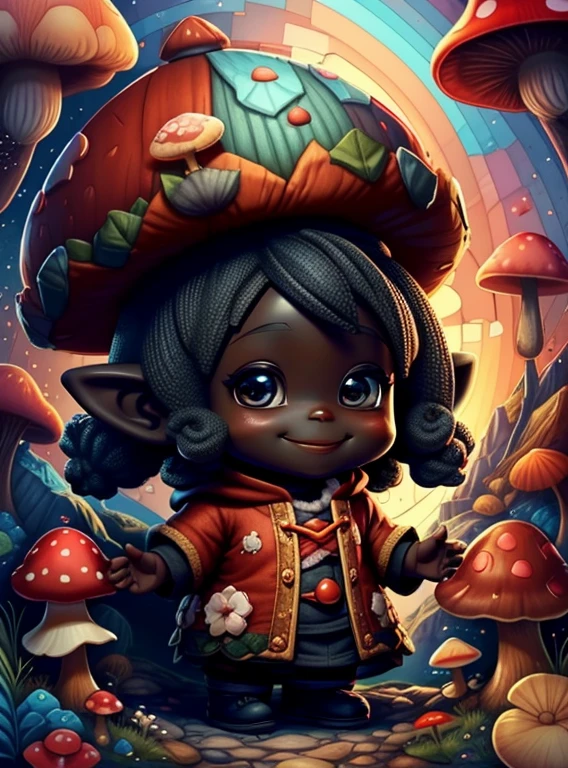 (cute black baby girl gnome with smiling in red with a beautiful mushroom and flowers) Munchkin ,Geometric multidimensional wall portrait, livro de arte, Tchibi,
Yang08k, Beautiful, Colouring,
Obras, of the highest quality, best quality, Arte Oficial, Beautiful and Aesthetic,