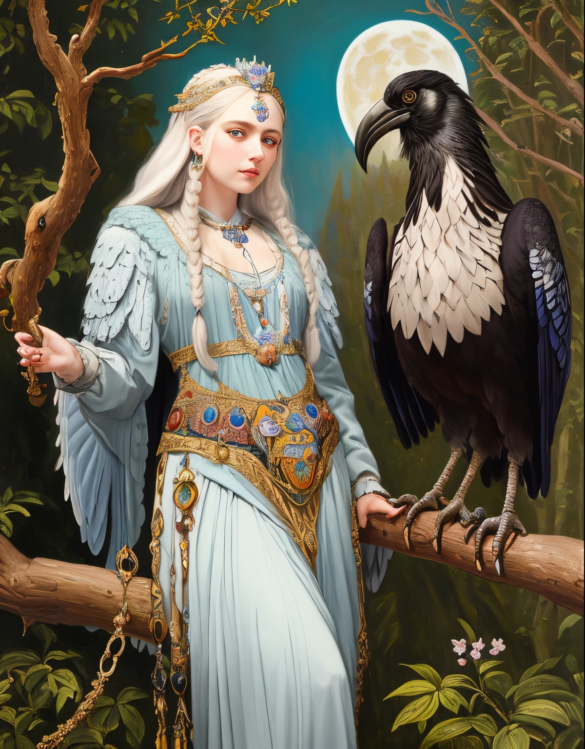 painting of a woman with a large bird on a branch, oil painting of princess vulvine, kramskoi 4 k, kramskoi, inspired by Ivan Kramskoi, harpy woman, portrait of a norse moon goddess, inspired by Viktor Vasnetsov, fantasy victorian art, raven winged female vampire, inspired by Konstantin Makovsky, slavic mythology
