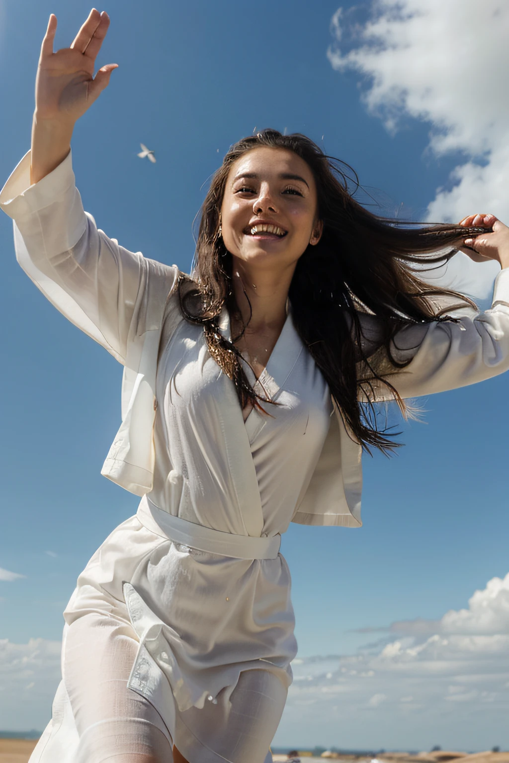 20 YEAR OLD WOMAN FALLING FROM A PLANE, Cabello largo, feliz, WIDE WHITE TUNICS, Wet