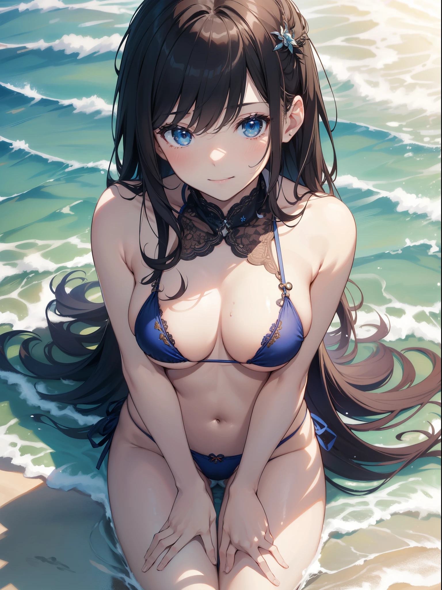 (masterpiece、top-quality、,8K),(extremely detailed CG1.1),1 girl,Smile,(Micro Bikini:1.1),large boob,Beach,(From above:1.2),pov、Sitting,Summer light,Intricate details , Hyper realistic, Perfect Anatomy