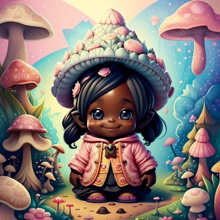 (cute black baby girl gnome with smiling in pink with a beautiful mushroom and flowers) Munchkin ,Geometric multidimensional wall portrait, livro de arte, Tchibi,
Yang08k, Beautiful, Colouring,
Obras, of the highest quality, best quality, Arte Oficial, Beautiful and Aesthetic,