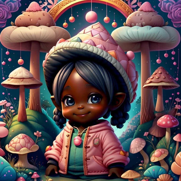 (cute black baby girl gnome with smiling in pink with a beautiful mushroom and flowers) Munchkin ,Geometric multidimensional wall portrait, livro de arte, Tchibi,
Yang08k, Beautiful, Colouring,
Obras, of the highest quality, best quality, Arte Oficial, Beautiful and Aesthetic,