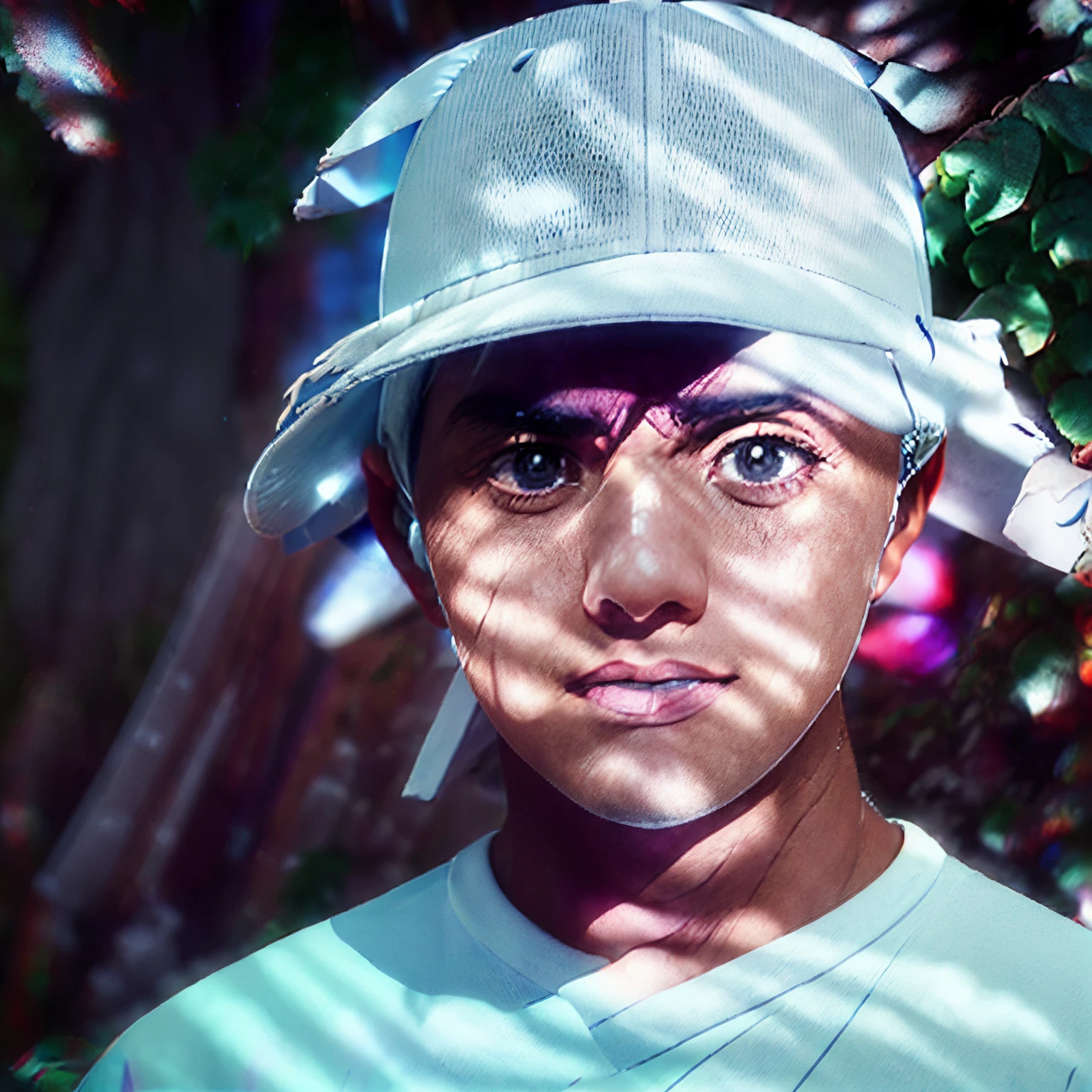 there is a young man wearing a hat and a blue shirt, white baseball cap, gildhardho, white baseball hat, white cap, photo print, gsociety, vitorugo, negao, baseball cap, eboy, foto realista, alexandre ferra white mecha, jair bolsonaro, red cap, photo 3 d, photo 3d