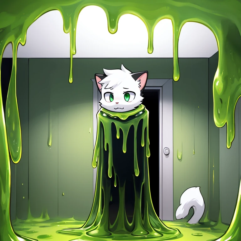 White cat kneeling on the floor in the room，Covered with mucus，Slime falls from the ceiling onto the cat&#39;heads，horrified expression，eBlue eyes！A bright room！！！slimes！