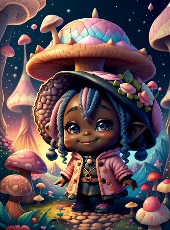 (cute black baby girl gnome with smiling in pink with a beautiful mushroom and flowers) Munchkin ,Geometric multidimensional wall portrait, livro de arte, Tchibi,
Yang08k, Beautiful, Colouring,
Obras, of the highest quality, best quality, Arte Oficial, Beautiful and Aesthetic,