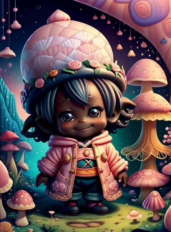 (cute black girl gnome with smiling in pink with a beautiful mushroom and flowers) Munchkin ,Geometric multidimensional wall portrait, livro de arte, Tchibi,
Yang08k, Beautiful, Colouring,
Obras, of the highest quality, best quality, Arte Oficial, Beautiful and Aesthetic,
