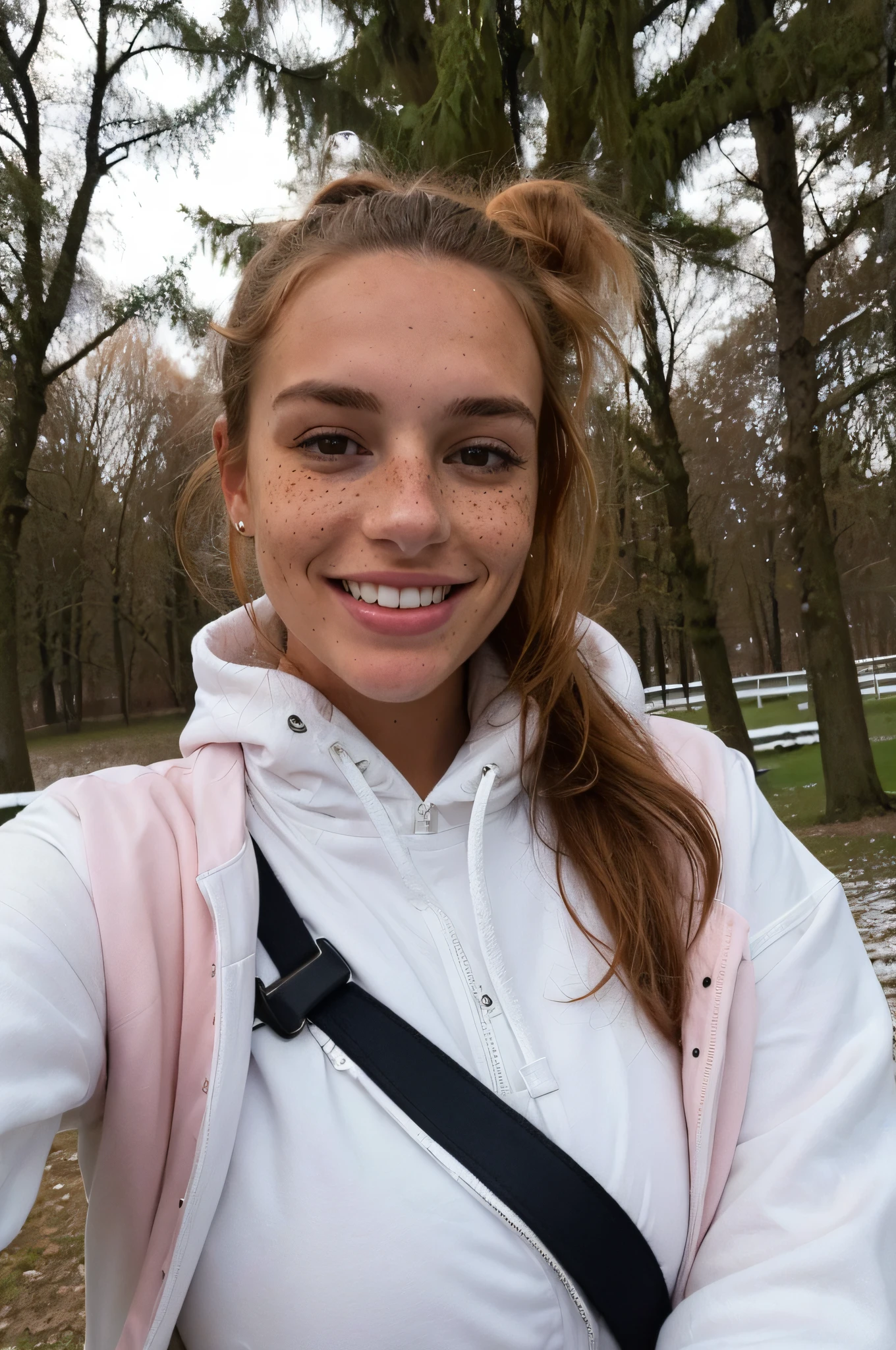 ((Top quality, 8k, Masterpiece: 1.3))
(best shadow), 
full body selfie in a park in snowy Germany, dressed in a pink puffer jacket and oversize jeans, blue oversize jeans, nike sneakers,
full body picture, freezing,
German woman with freckles and a ponytail with black hair, 
selfie from the gym, wearing a hoodie and leggings, smiling, working out, sweating, 
white perfect teeth, intricate details, 
elegant freckles, woman with freckles, 
tanned beauty portrait, freckled face, detailed beauty selfie, full body visible, hint of freckles, freckled, freckles, sparse freckles, photo of a beautiful woman, light freckles, soft freckles, with freckles, 
ultra-detailed face, smiling, strict head and body ratio: 1.5,