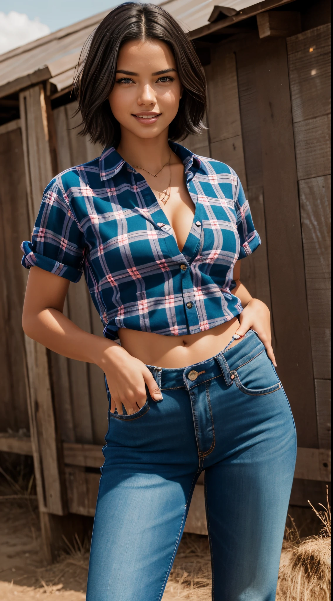 Foto hiperrealista en primer plano de Adriana Lima, masterpiece, best quality, (photorealistic:1.4), full body, (blue buttoned plaid flannel shirt:1.1) and (blue jeans:1.1), (boots:1.2), on the ranch, sunny day cinematic light, beautiful woman, skinny, medium breasts, black short hair (bob short hair:1.2), detailed face, smile, facing the camera, photo taken from a distance, age of , smiling