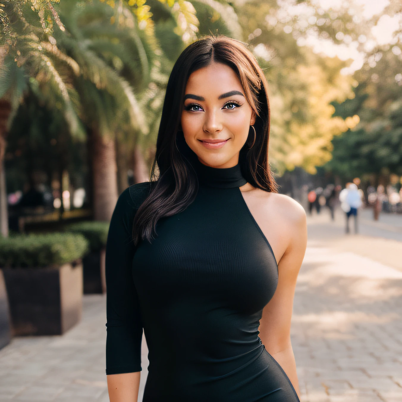 Hyper realistic and detailed full body photo of one young smiling beautiful woman wearing tight dress. Outside. Sun shining. perfect eyes, (Eye makeup:1.1), (highly detailed skin:1.1), RAW, analog style, sharp focus, 8k UHD, DSLR, high quality, Fujifilm XT3, grain, award winning, masterpiece.