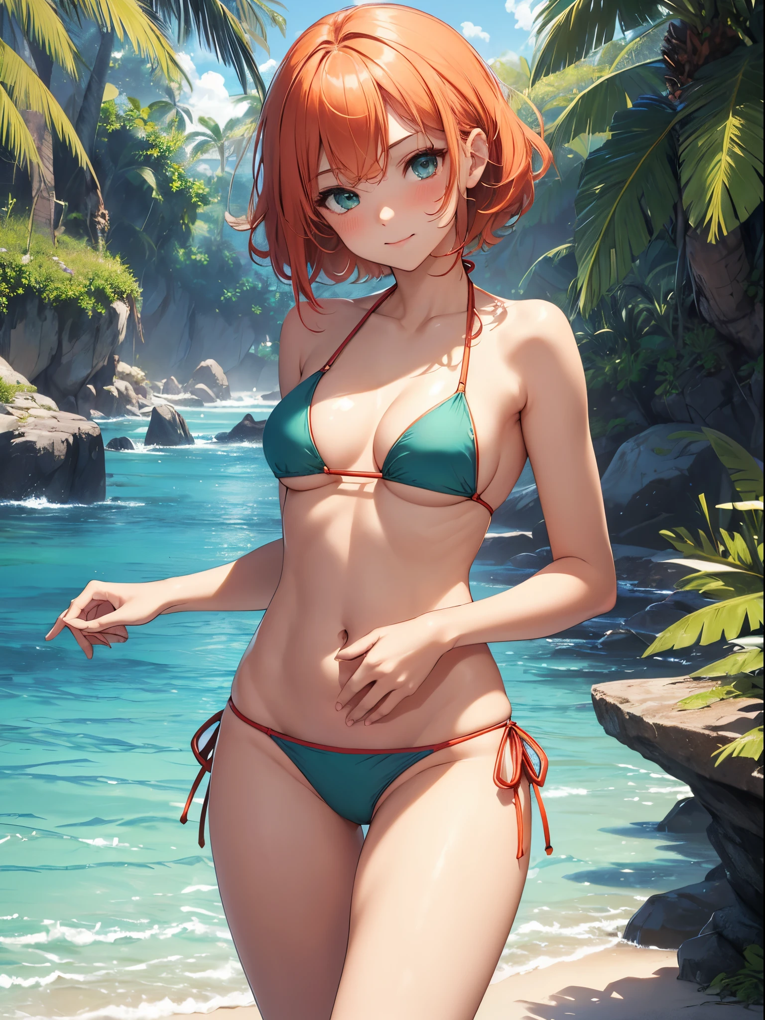 (​masterpiece), (top-quality), (Ultra Small Bikini:1.5), (blushed face:1.3), (Cover your crotch with both hands:1.3),orange hair , green eyes ,   (Spilling boobs:1.4), under the boobs, side boob  visible,  naked, a beauty girl, precise hands, Embarrassed look, Smile, Very cute, Clear eyes, Shining eyes, (The bikini  about to come off:1.5), big breast, Tummy  visible, cleavage of the breast  visible, the lower abdomen  visible, The crotch  visible, The beautiful skin, ultra-definition, Top resolution