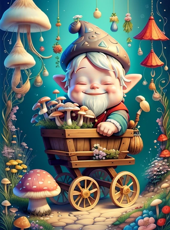 (cute  gnome smiling pulls a pushcart with mushrooms and flowers) Munchkin ,Geometric multidimensional wall portrait, livro de arte, Tchibi,
Yang08k, Beautiful, Colouring,
Obras, of the highest quality, best quality, Arte Oficial, Beautiful and Aesthetic,