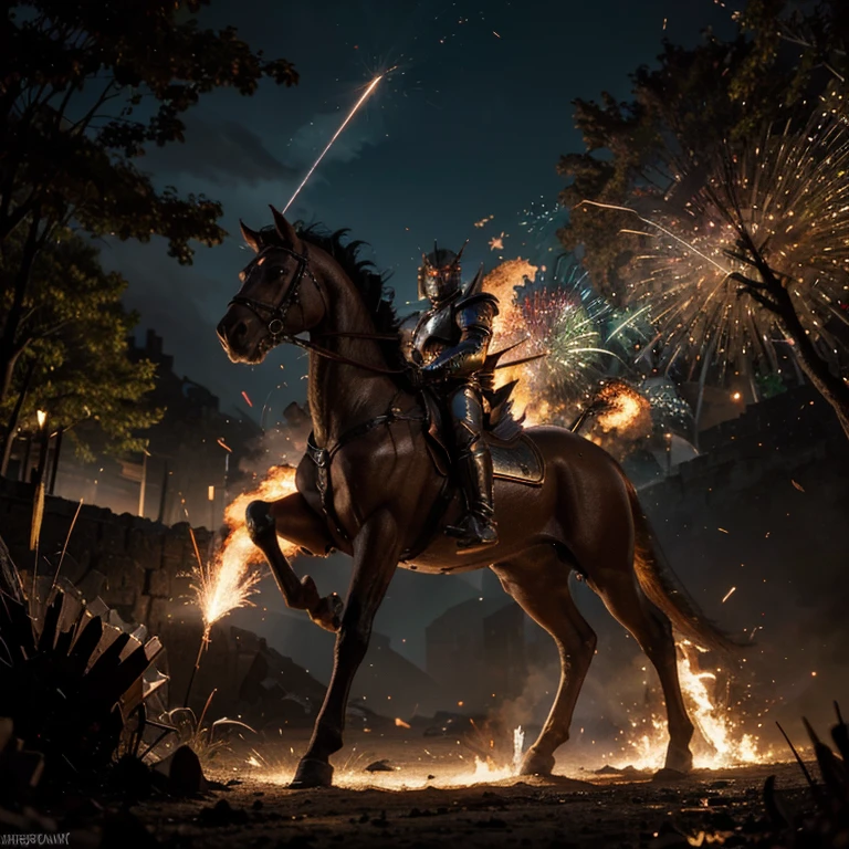 (a) (best quality,highres:1.2),detailed illustration,fiery knight in armor,burning sword,smoke and sparks,glowing eyes,vibrant colors,an epic battle scene,flames and embers,sparks flying,heroic pose,dragon in the background,scorching hot atmosphere,(fantasy,concept art),(dramatic lighting,contrasting shadows),intense energy,action-packed,mythical creature,heroic and majestic