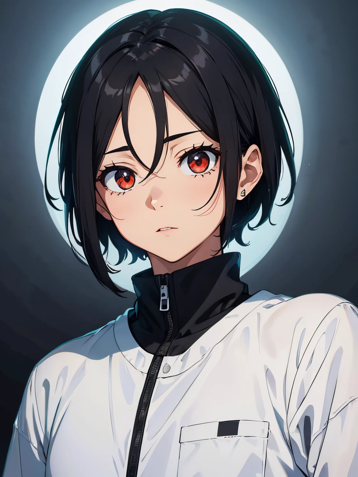 Um Homem branco com cabelo preto no estilo de anime, aparenta ter 31 anos, short hair at the bottom of the head, e encima, medium, o cabelo deve ser preto, usa uma capa tem asas grandes, e segura um foice, The eyes are red with a countenance , frio