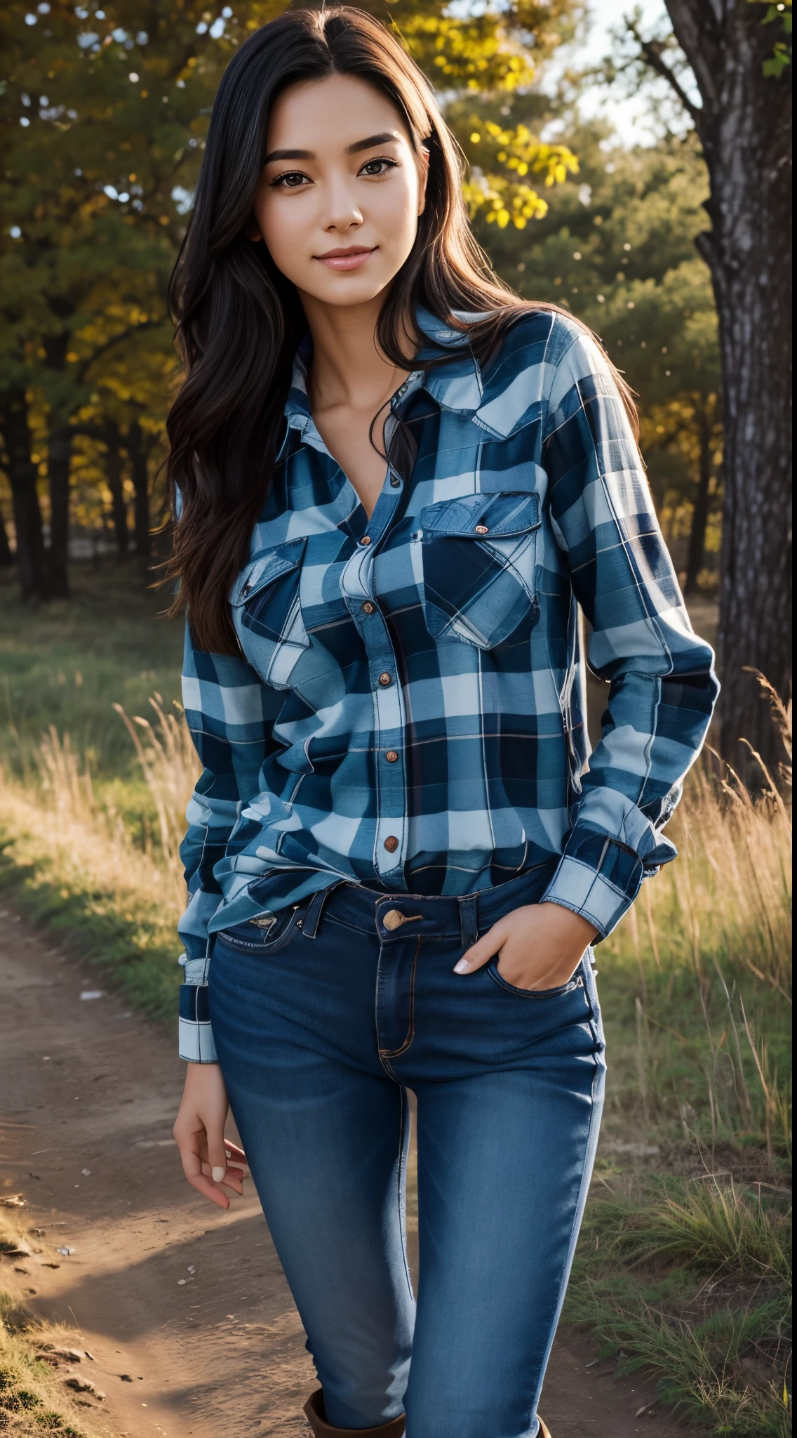 Foto hiperrealista en primer plano de Kim Joo, masterpiece, best quality, (photorealistic:1.4), full body, (blue buttoned plaid flannel shirt:1.1) and (blue jeans:1.1), (boots:1.2), on the ranch, sunny day, cinematic light, beautiful woman, skinny, large big breasts, black long hair, detailed face, smile, facing the camera, photo taken from a distance, age of 25 years old