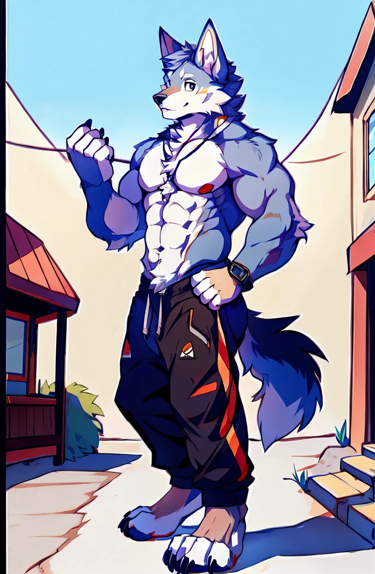 Human-wolf,musculouull Body Furry,paws with claws,pass upright,The upper body naked,Short sweatpants,towns