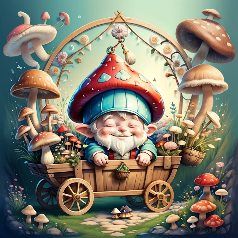 (cute baby boy gnome smiling pulls a pushcart with mushrooms and flowers) Munchkin ,Geometric multidimensional wall portrait, livro de arte, Tchibi,
Yang08k, Beautiful, Colouring,
Obras, of the highest quality, best quality, Arte Oficial, Beautiful and Aesthetic,