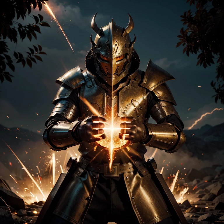 (a) (best quality,highres:1.2),detailed illustration,fiery knight in armor,burning sword,smoke and sparks,glowing eyes,vibrant colors,an epic battle scene,flames and embers,sparks flying,heroic pose,dragon in the background,scorching hot atmosphere,(fantasy,concept art),(dramatic lighting,contrasting shadows),intense energy,action-packed,mythical creature,heroic and majestic
