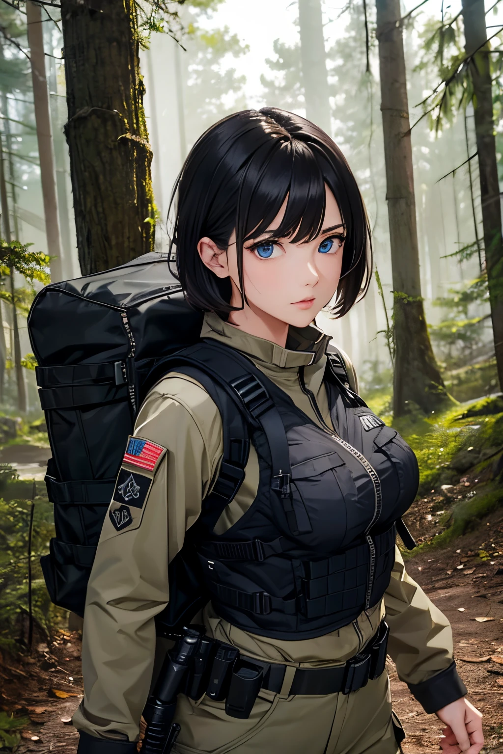 Female Solo、short dark hair、Blue eyes、large full breasts、Military、Black Tactical Jacket、Tactical Vest、in woods、actionpose、detailed m4 rifle、Cargo pants、backpack、high-level image quality、8K picture quality、hightquality、high-detail