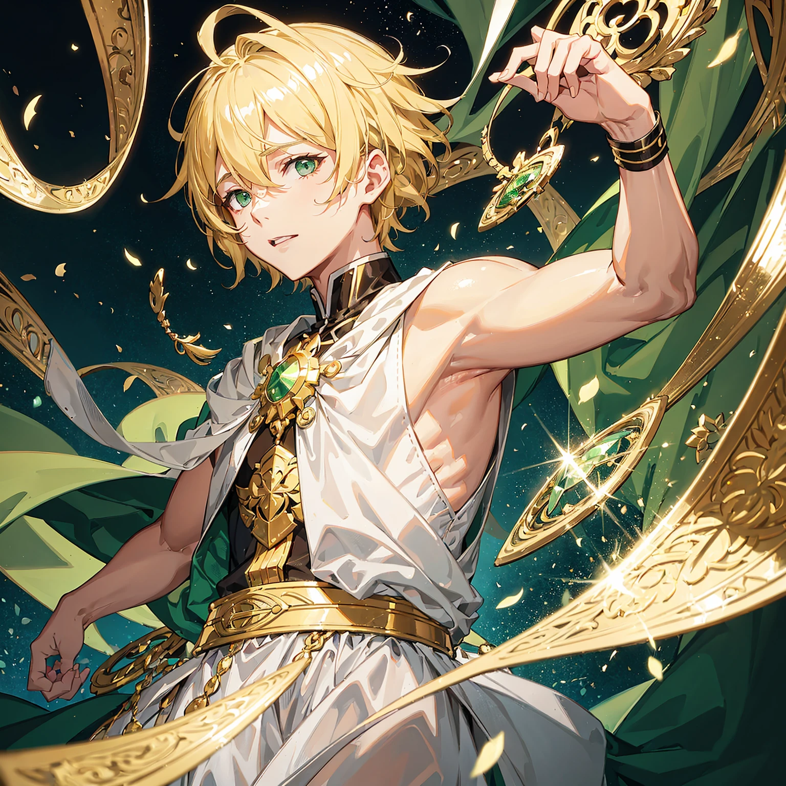 1 man,handsome,short blonde hair,emerald green eyes,half hi face covered by a golden mask,wearing white robes
