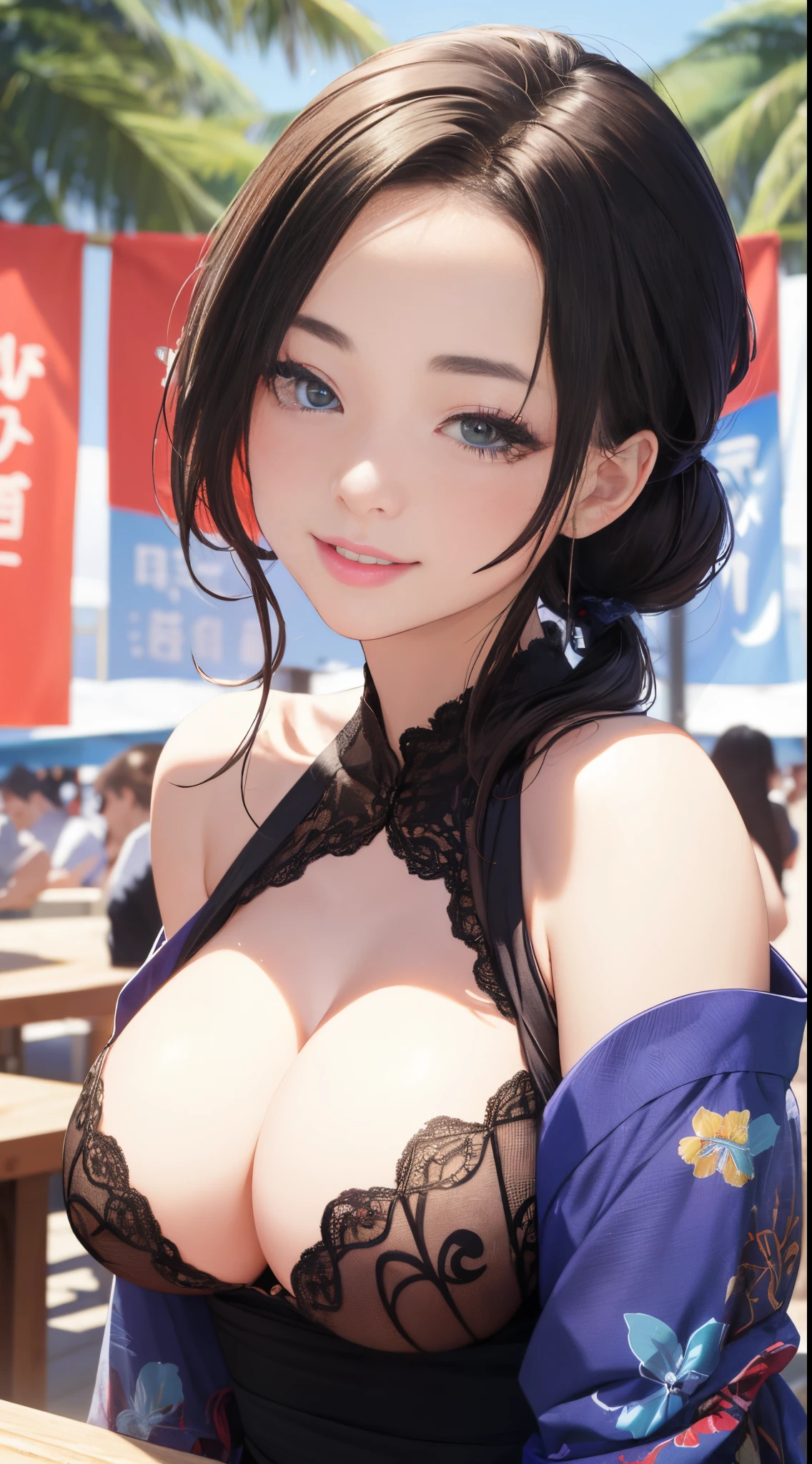 8K quality、quality、On a table、super high image quality、ultra - detailed、Ultra-realistic hair texturee energetic with colorful women、long beautiful hair、shinny hair、Delicate hair、blue mesh、pony tails、eBlue eyes、Skin glows、lace ????????? ???????????、Diagram of mole on ?????、large pecs、The ?????  particularly large、Sweaty forehead and cheeks、The large、Fluffy off-the-shoulder yukata、A smile、soft pink lips、Surreal sensibility、Reddening cheeks、summer festival background