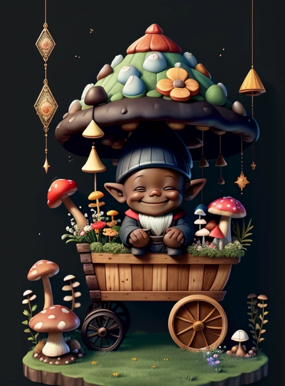 (cute black baby boy gnome smiling pulls a pushcart with mushrooms and flowers) Munchkin ,Geometric multidimensional wall portrait, livro de arte, Tchibi,
Yang08k, Beautiful, Colouring,
Obras, of the highest quality, best quality, Arte Oficial, Beautiful and Aesthetic,