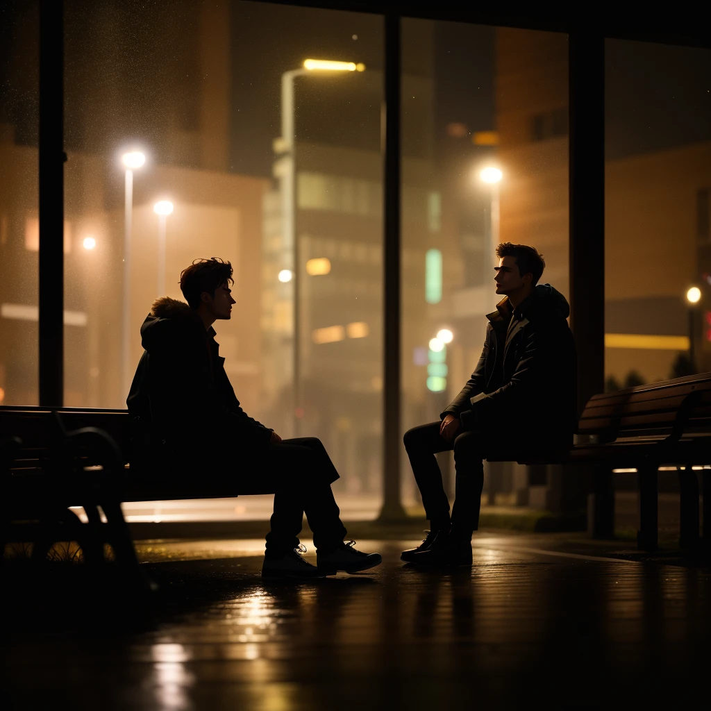 There are two men sitting on a bench in the dark, dark people arguing々, 8K to have a calm conversation, dimly lit scene, Night Man々, during night, by Sebastian Spreng, Cinematic Film Still, by Niko Henrichon, shot at night, dark mood, At night, battle in dark scene, by Matt Stewart, during night