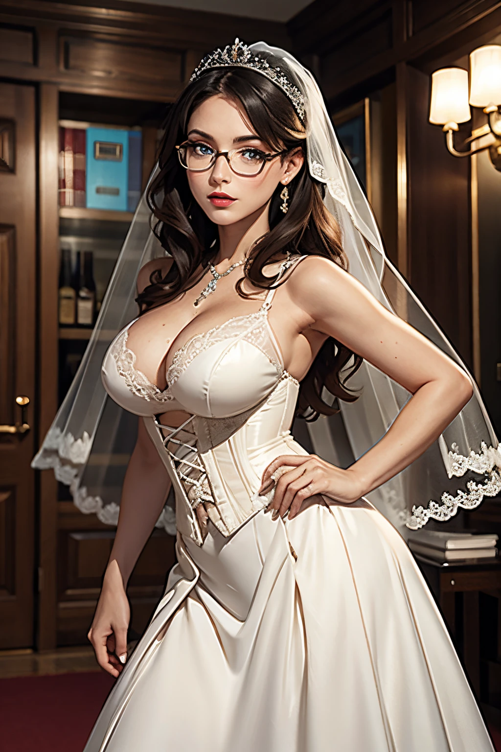 Single European woman in a wedding dress store, , 30 years old, There is one adult woman, tight ivory corset, Ivory long skirt, ivory veil, glasses, Dark hair, red lips, Eye shadow , natural makeup, ,blue eyes, deep Cliveage, Second Life Avatar, Beautiful screenshot, Second Life, high quality, very detailed skin, view from below