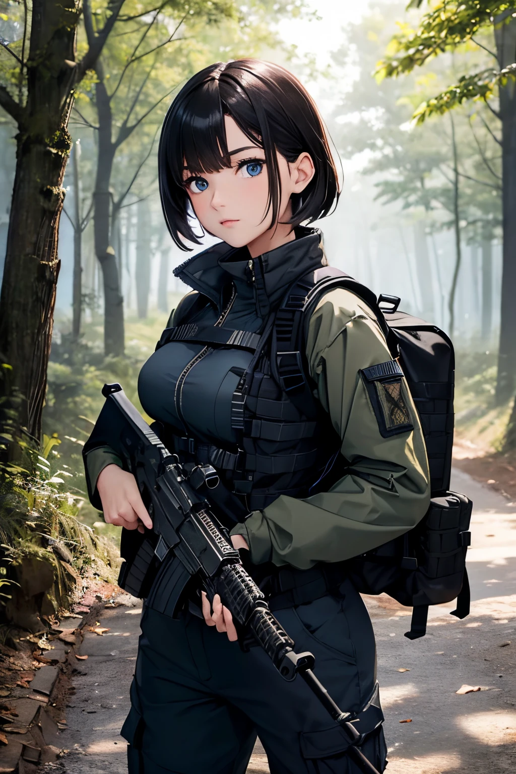 anime, solo woman, long hair, blue eyes, large breasts, paramilitary, black tactical vest, combat shirt, plate carrier, woods, forest, actionpose, assault rifle, cargo pants, backpack, holster, pistol, mask, firing, no patch, helmet, headphones, ptt, detailed, high quality, 8k