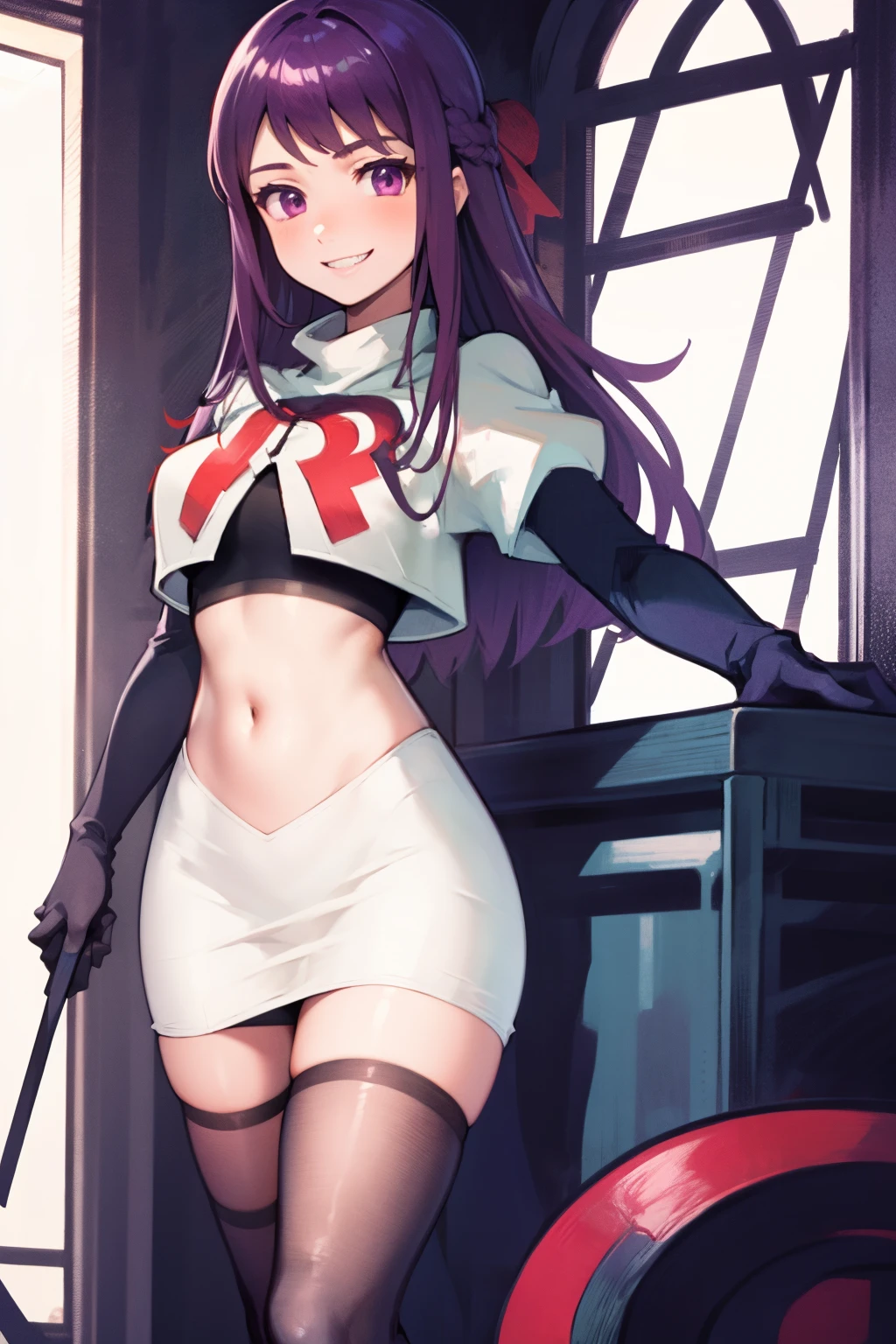 ivy fe purple eyes, purple hair, team rocket uniform, red letter R, white skirt,white crop top,black thigh-highs,black elbow gloves, smile, show teeth,