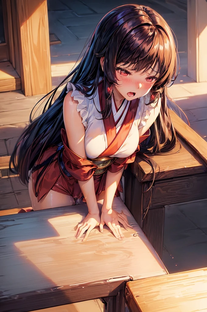 (table humping:1.8), (crotch rub:1.8), table, lifting, (masterpiece, best quality, photorealistic, cinematic), expressive eyes, perfect face, perfect hands, large cleavage, long round legs, round ass, (((anime girl posing in a form-fitting rosy red and sleeveless kimono-style blouse, tied with a dark obi around her waist and short dark red shorts))), dark brown-haired mage, a sleek and straight hairstyle, seductive anime girl, Ayaka genshin impact, extremely detailed artgerm, from girls frontline, range murata and artgerm, xianxia, style artgerm, beautiful alluring anime woman, thicc, guweiz on artstation pixiv, ((nude)), ((medium shot)), ((dynamic background))(panting:1.2), (blushing:1.3), (yawning:1.5), (pussy juice:1.5), (suggestive fluid:1.5)