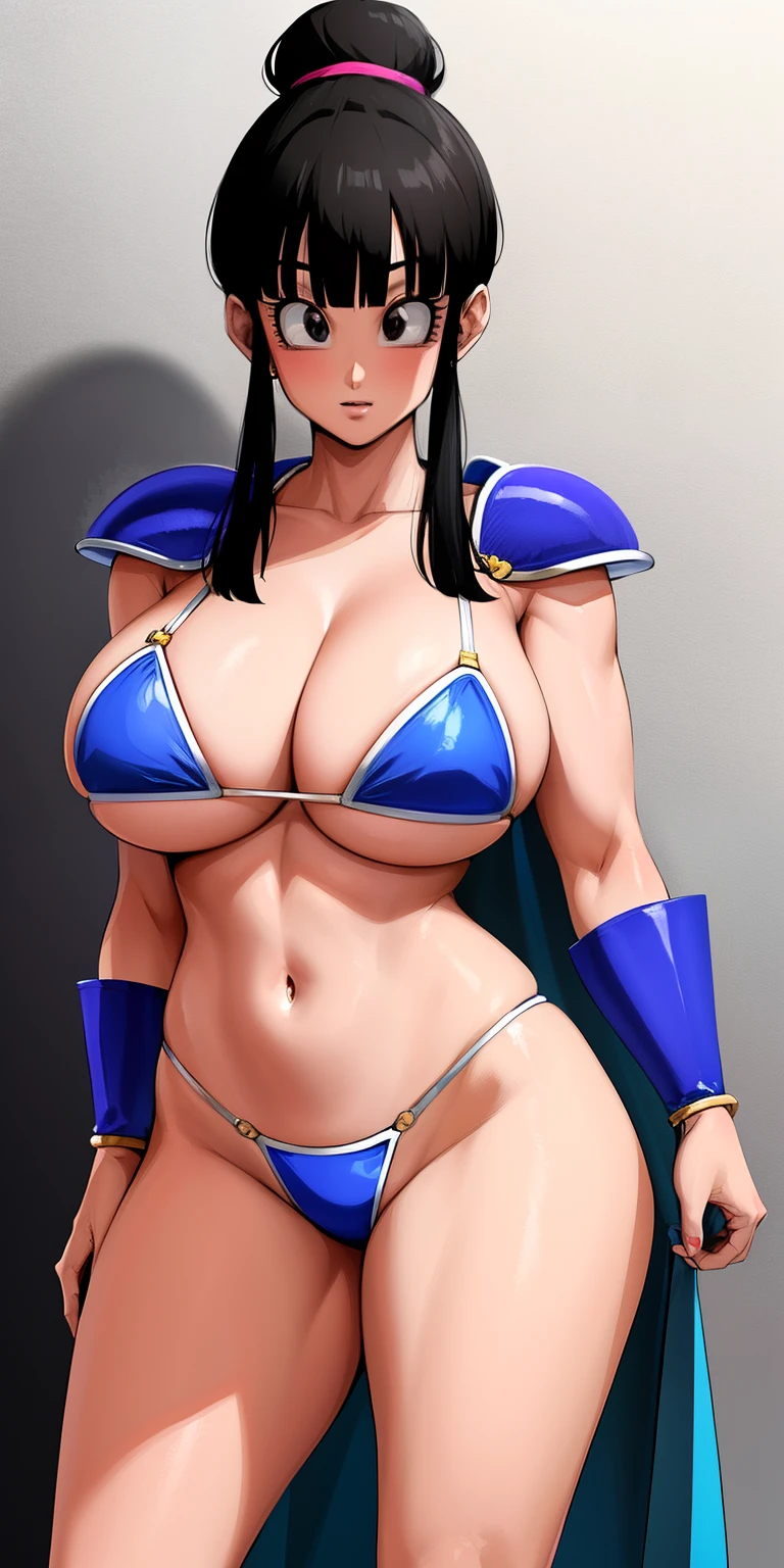 Super detailed body, seductive body, chichi_dbz, standing, solo, large_breasts, Chichi_Bikini_Armor, masterpiece, best quality, detailed face, detailed eyes, highres, sin bra, exposed breasts