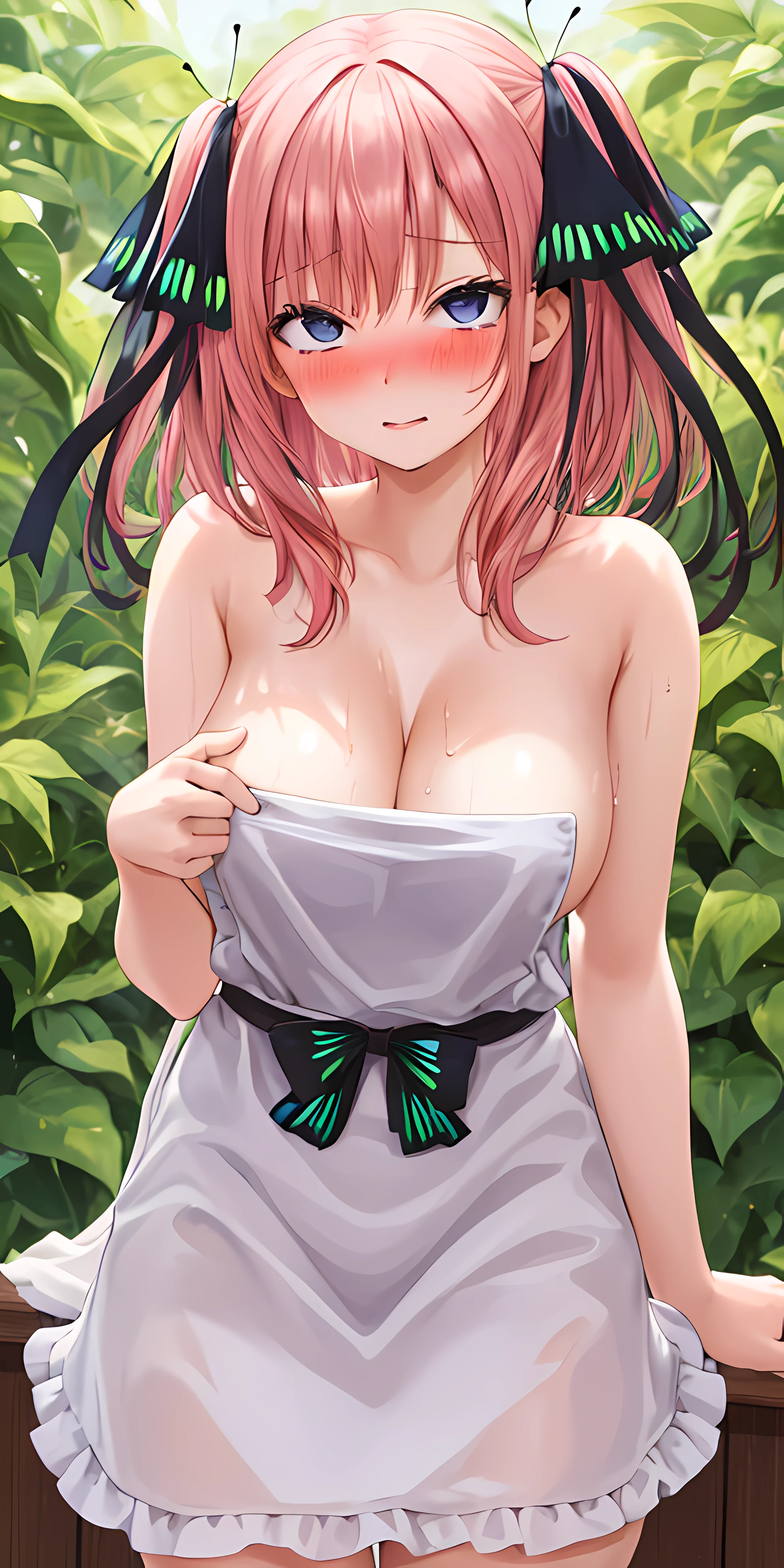 1个Giant Breast Girl, Alone, Jino Nakano, with pink hair, butterfly hair ornamentarechested:1.3), (White apron), Large breasts, Chopping, upper legs, Cafe background, (Be red in the face:1.3),Showing , , Pink ,Visible ,Get wet , A MILF, NSFW