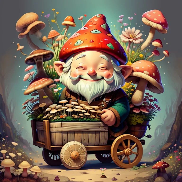 (cute black gnome smiling pulls a pushcart with mushrooms and flowers) Munchkin ,Geometric multidimensional wall portrait, livro de arte, Tchibi,
Yang08k, Beautiful, Colouring,
Obras, of the highest quality, best quality, Arte Oficial, Beautiful and Aesthetic,