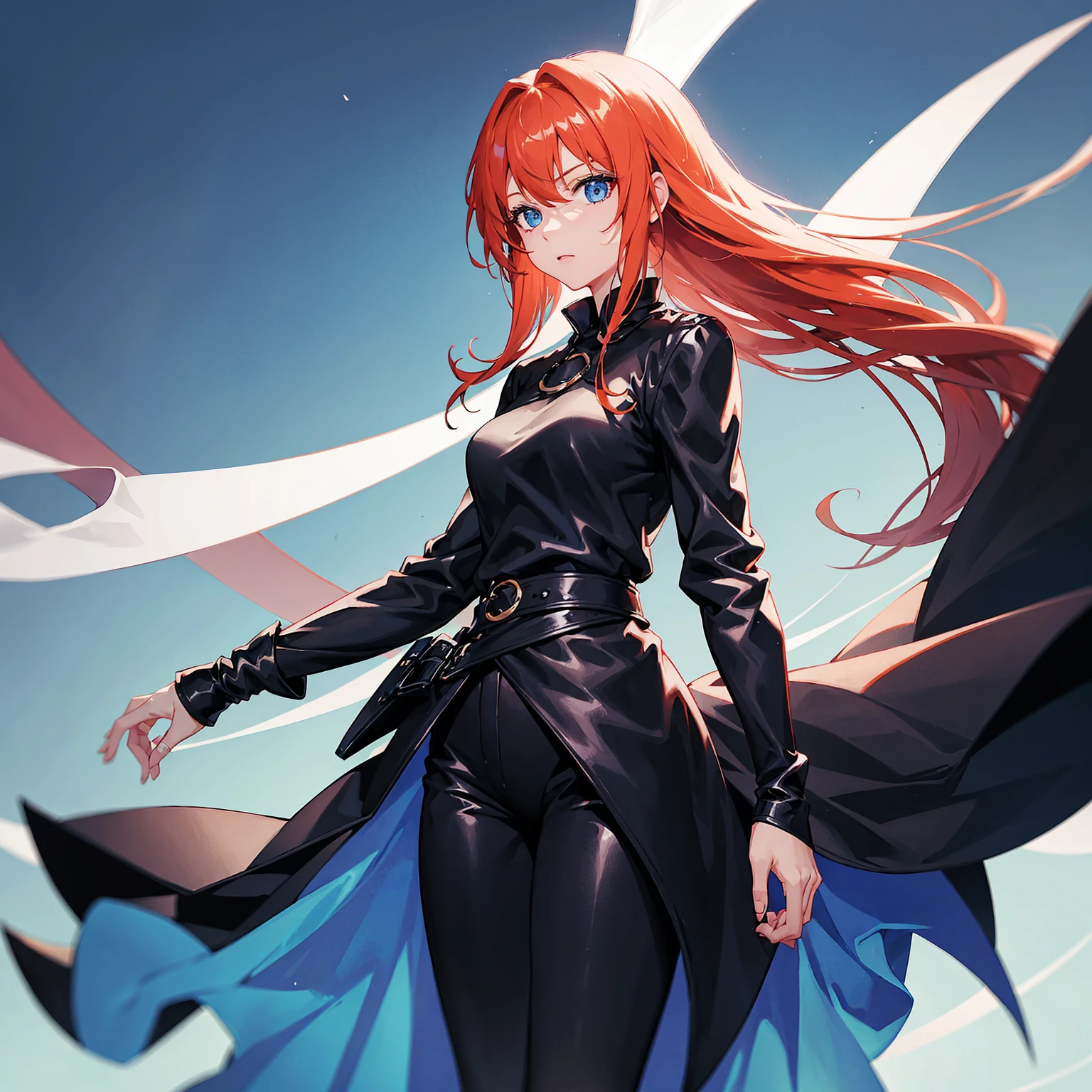 1 girl,long ginger hair,blue eyes,wearing a black shirt,black pants,black cape