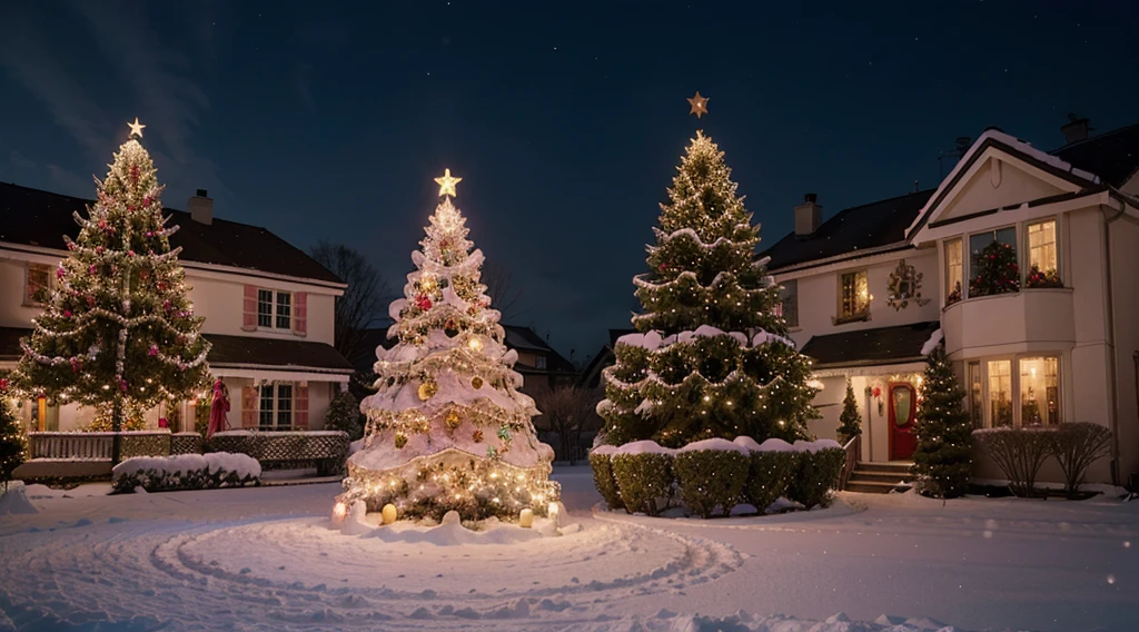 Pink Christmas with house tree decoration, houses with Christmas magic and snow with Christmas tree background.Digital Artie