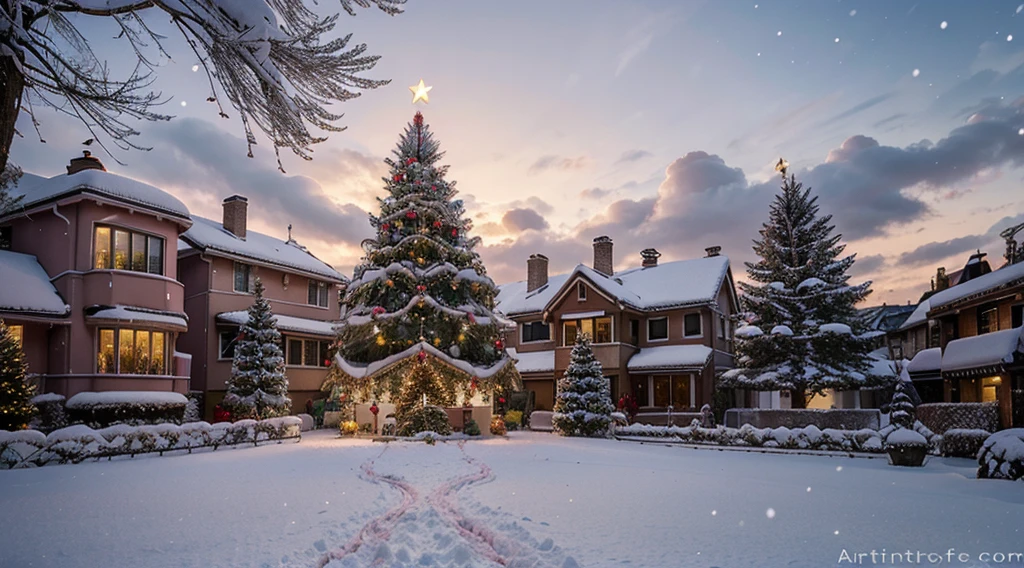 Pink Christmas with house tree decoration, houses with Christmas magic and snow with Christmas tree background.Digital Artie