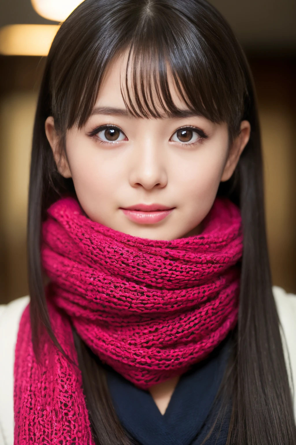 ((Show face only、Close-up of face、no-makeup))、(realisitic、Photorealsitic、ultra-detailliert、Highest Details Skins、top-quality、​masterpiece、超A high resolution)、Cute Japan Woman、17 age、hi-school girl、younggirl、1 girl in、I have bangs、二重まぶた、drooing eyes、Large black eyes、Japanese style face、ssmile、Charming、purity、Straight face、double tooth、View here、Realistic skin type、Thick muffler、Grey muffler、fluffy hair、((hair inside scarf:1.3))、Red cheeks、The wind is blowing、It's snowing、illuminations、Lighting from behind