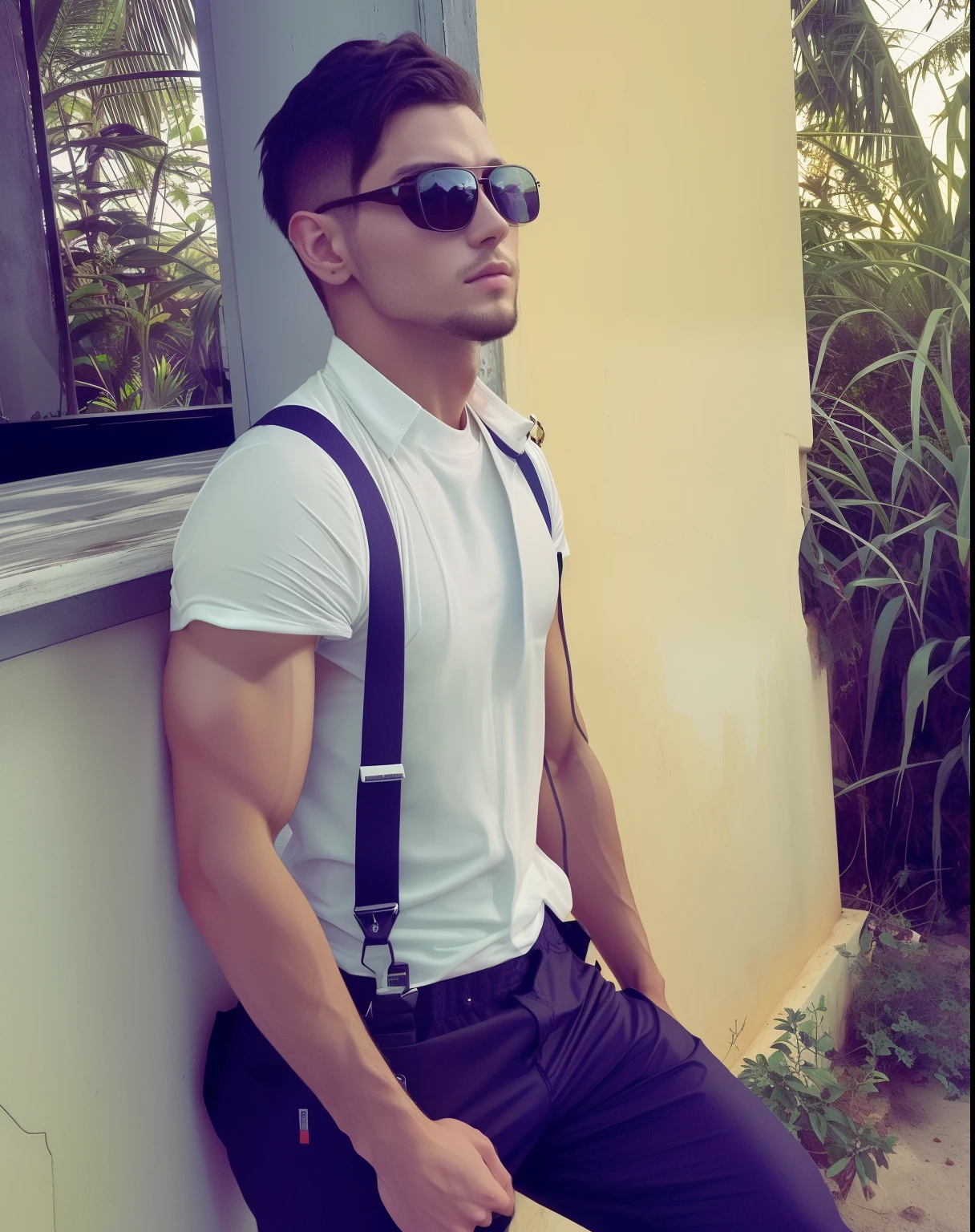 Keep the white clothes he&#39;s wearing, but define more the parts that are not covered with muscles and well defined, mantendo a originalidade da foto e as cores.