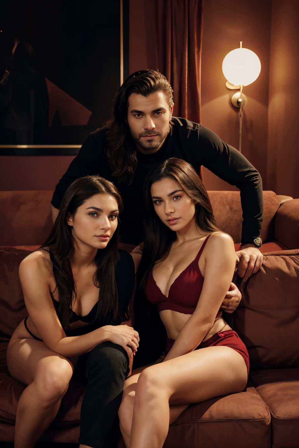 full body image of a handsome man with crossed arms in his early 30s sitting on a sofa with two beautiful and passionate women behind the sofa. dating app. black and red background. High contrast, sharp focus, detailed skin. Perfectly detailed, high definition, intimate atmosphere Perfect eyes.