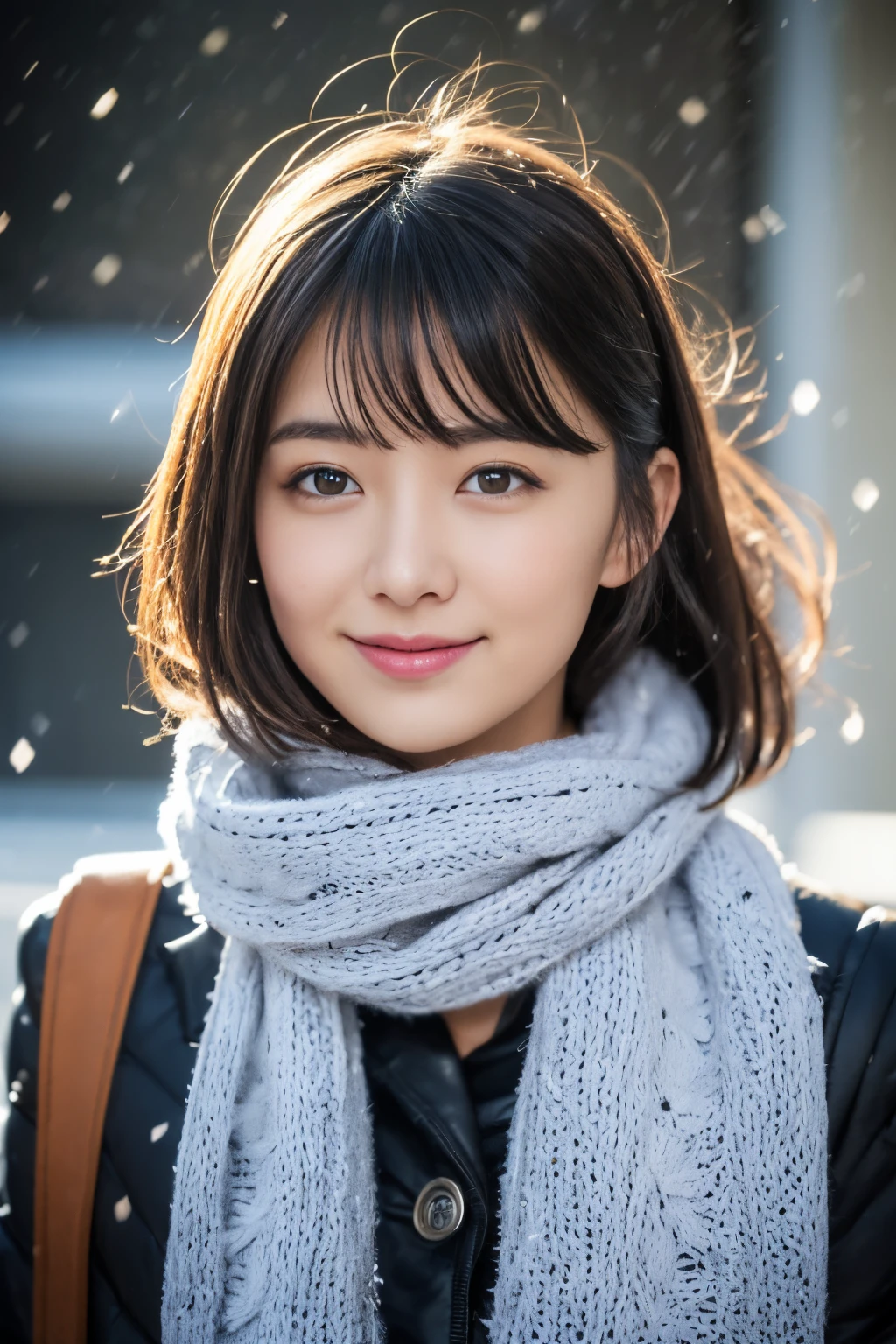 ((Show face only、Close-up of face、no-makeup))、(realisitic、Photorealsitic、ultra-detailliert、Highest Details Skins、top-quality、masterpiece、超A high resolution)、Cute Japan Woman、17 age、hi-school girl、younggirl、1 girl in、I have bangs、二重まぶた、drooing eyes、Large black eyes、Japanese style face、ssmile、Charming、purity、Straight face、double tooth、View here、Realistic skin type、Thick muffler、Grey muffler、fluffy hair、((hair inside scarf:1.3))、Red cheeks、The wind is blowing、It's snowing、illuminations、Lighting from behind