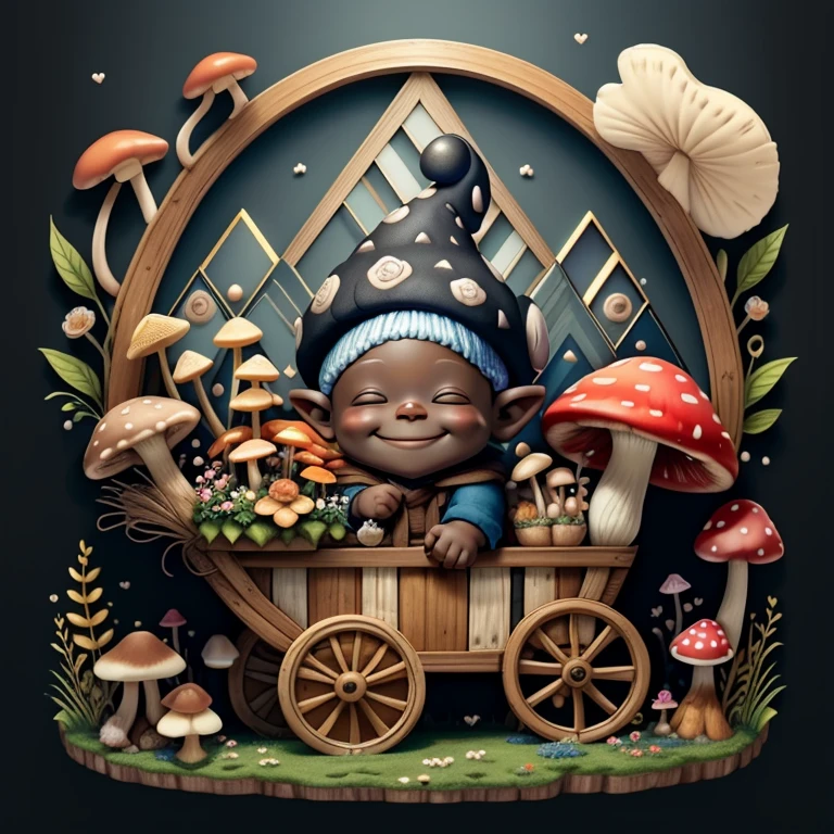 (cute black  boy gnome smiling pulls a pushcart with mushrooms and flowers) Munchkin ,Geometric multidimensional wall portrait, livro de arte, Tchibi,
Yang08k, Beautiful, Colouring,
Obras, of the highest quality, best quality, Arte Oficial, Beautiful and Aesthetic,