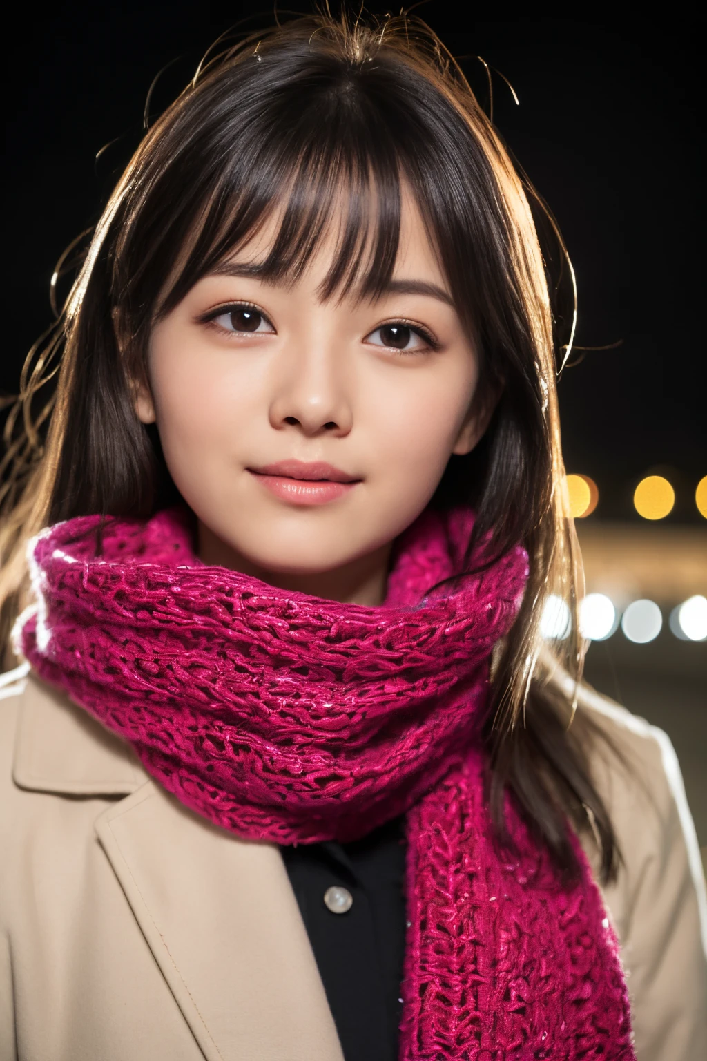 ((Show face only、Close-up of face、no-makeup))、(realisitic、Photorealsitic、ultra-detailliert、Highest Details Skins、top-quality、​masterpiece、超A high resolution)、Cute Japan Woman、、hi-school girl、younggirl、1 girl in、I have bangs、二重まぶた、drooing eyes、Large black eyes、Japanese style face、ssmile、Charming、purity、Straight face、double tooth、View here、Realistic skin type、Thick muffler、Grey muffler、fluffy hair、((hair inside scarf:1.3))、Red cheeks、The wind is blowing、It's snowing、illuminations、Lighting from behind