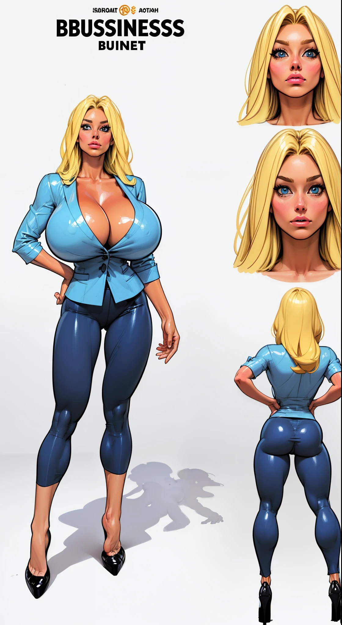 ((masterpiece)),(((best quality))), ((character design sheet:1.4)), ((full body view)) illustration,1girl, muscular, (( dark business suit:1.5)), bubbles, ((hair combed to side:1.4)), ((light blonde hair:1.4)), blue suit ((detailed face:1.4)) ((gigantic breasts:1.6)), (latex pants), ((cleavage)), beautiful woman, shiny skin, (thick legs), scribbles and marks, rough sketches, pose, 8k,16k, ( background, white background: 1.3)