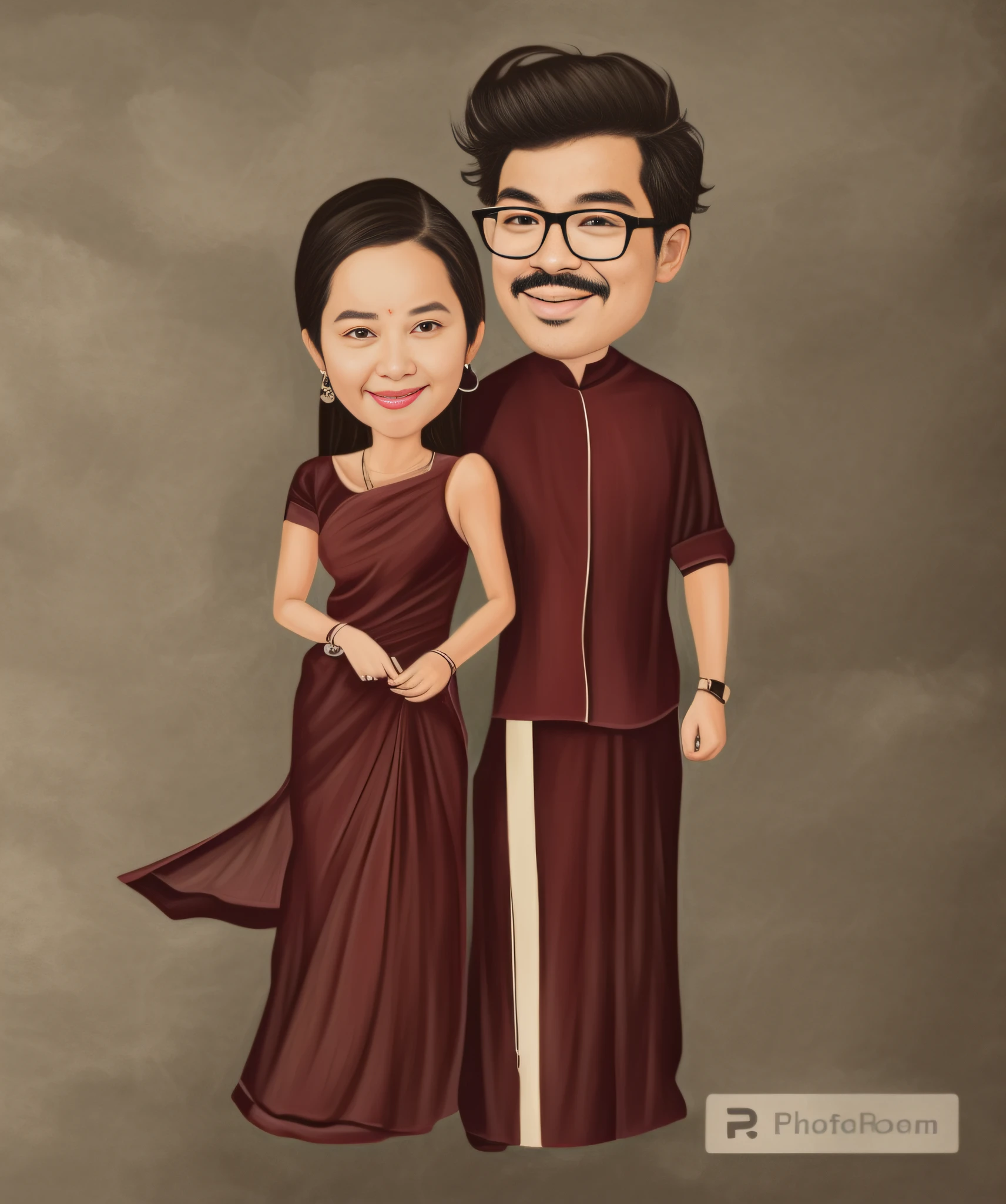 a cartoon of a man on spects , woman standing next to each other, white background ,inspired by T. K. Padmini, digital art, detailed airbrush art, costume desig, south east asian with round face, cartoon carticature